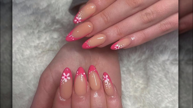 Pink flowers french manicure 