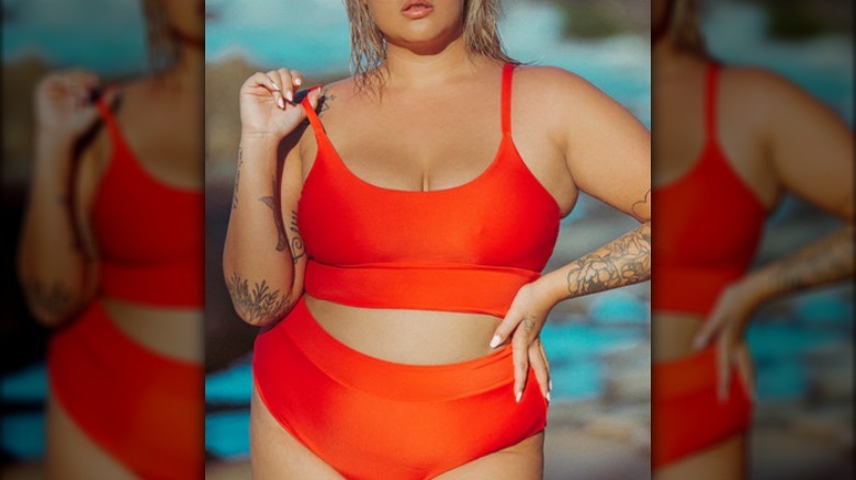 Curvy woman in a red bikini