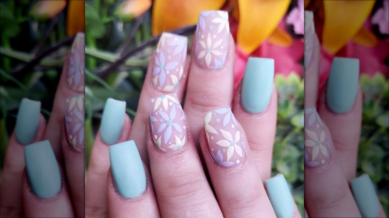 Matt blue and floral nails