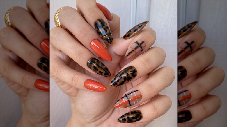 Tortoiseshell, orange and plaid manicure