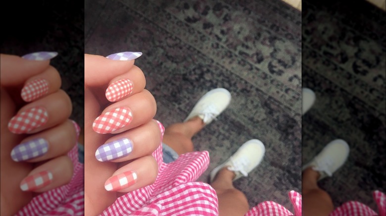 Pink and purple checkered nails