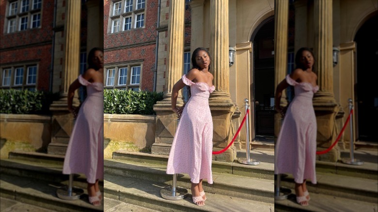 Woman wearing pink feminine dress