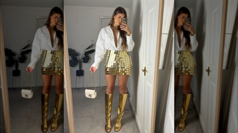 Gold miniskirt and boots outfit