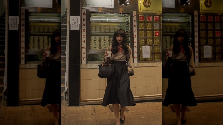 Black midi skirt and button-up outfit