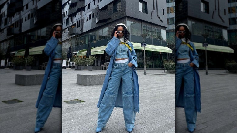 Woman wearing all-denim outfit