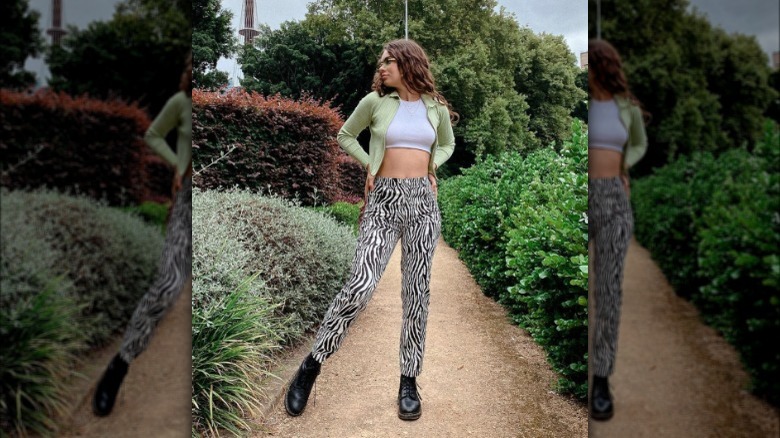 Woman wearing zebra-print pants