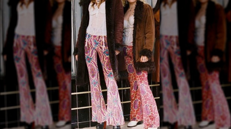 women colorful flare pants brown coats