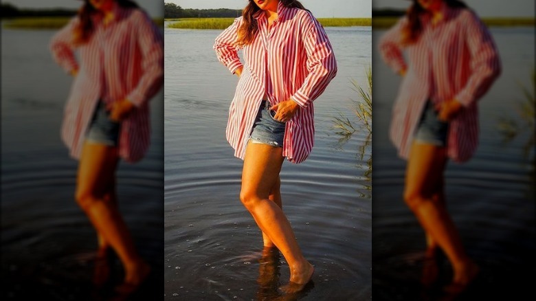 Woman in pink pinstripe shirt 