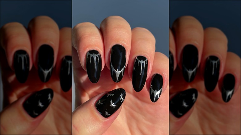 black nails with silver bats