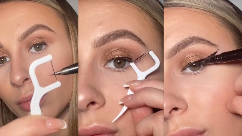 Woman using dental floss for eyeliner