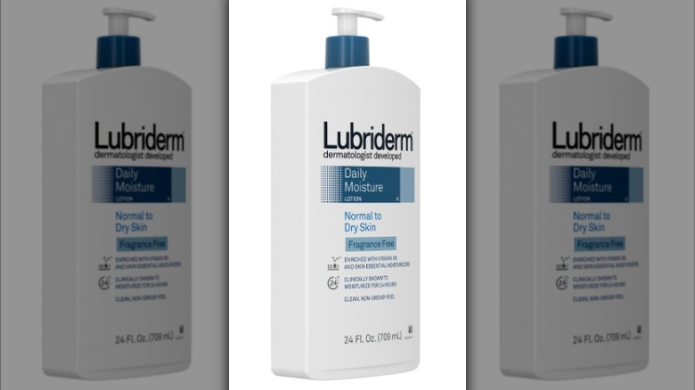 Tall white bottle of Lubriderm lotion