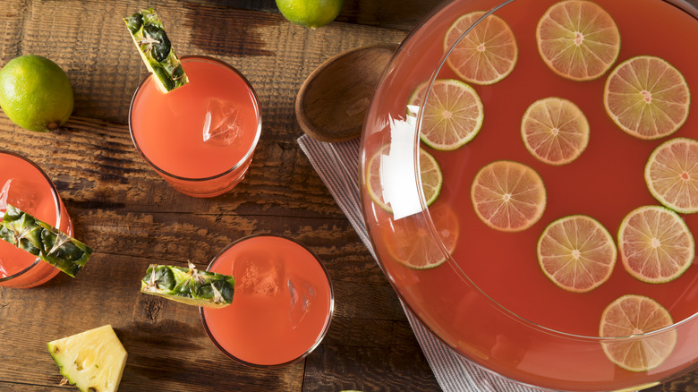 Punchbowl with rum punch and glasses