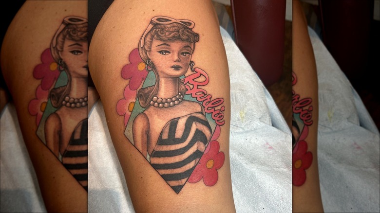 vintage barbie tattoo on leg