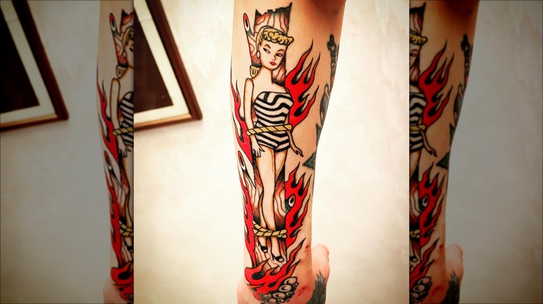 vintage barbie tattoo on fire