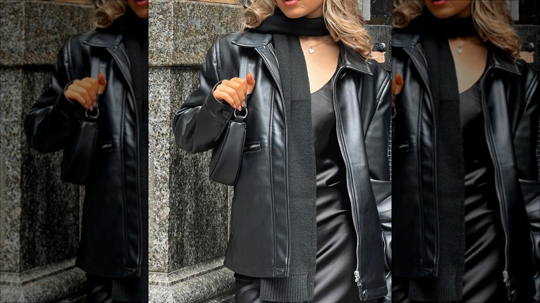 woman wearing layered leather outfit