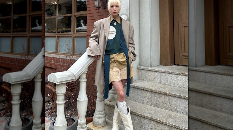 woman wearing layered tights and knee socks