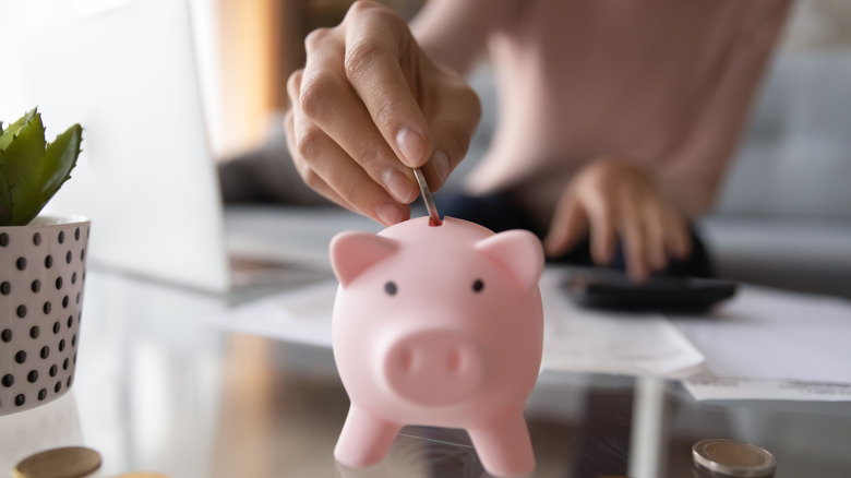 woman putting coin into piggy back