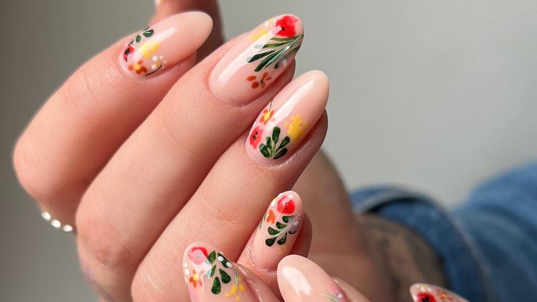 Nude nails with floral nail art