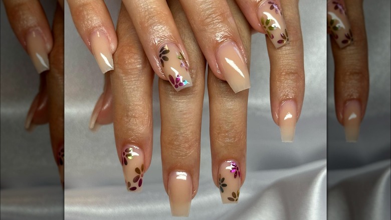 Nude nails with chrome flowers