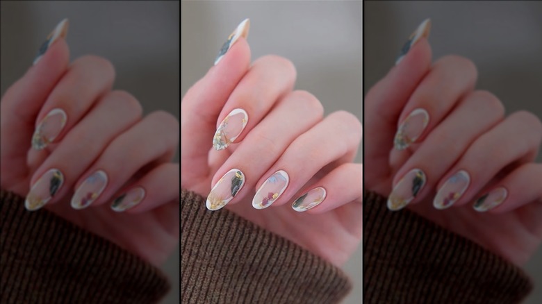 Clear, white and floral nails