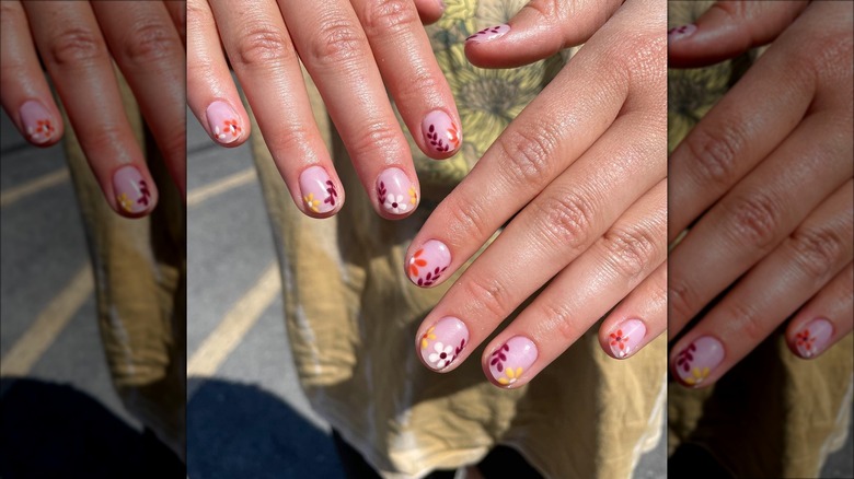 milky pink nails with floral design