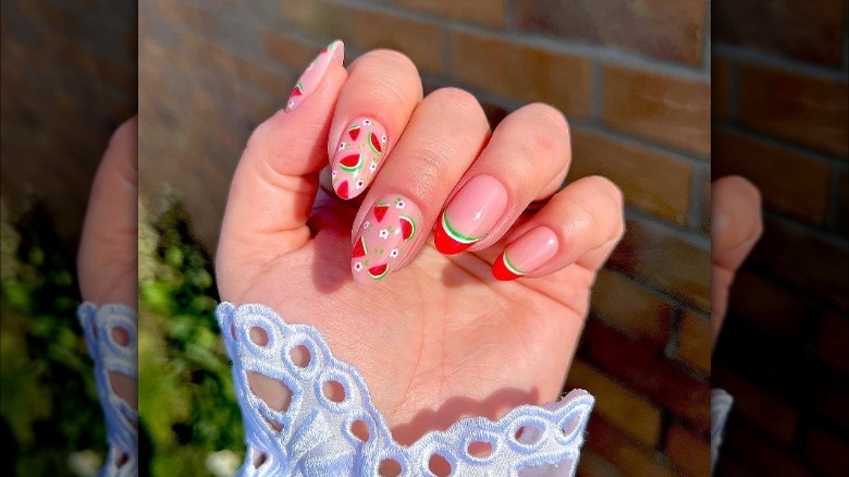 Watermelon and flowers nails
