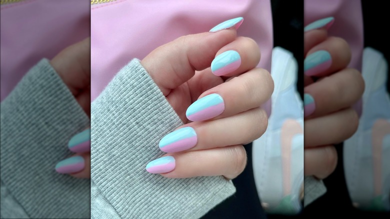 Half blue, half pink nails