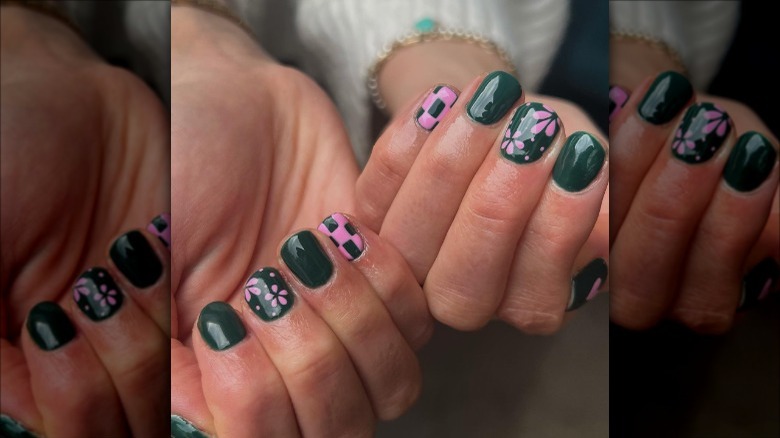 woman with pink and green checkered nails