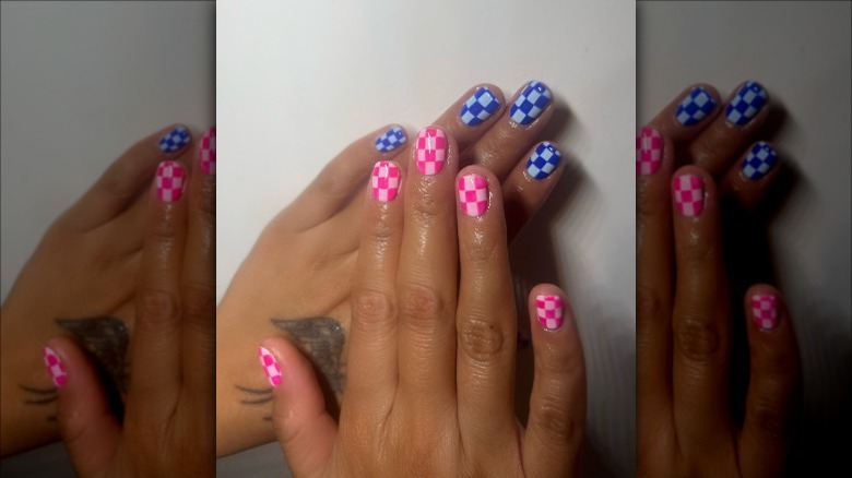 woman with pink and blue checkered nails