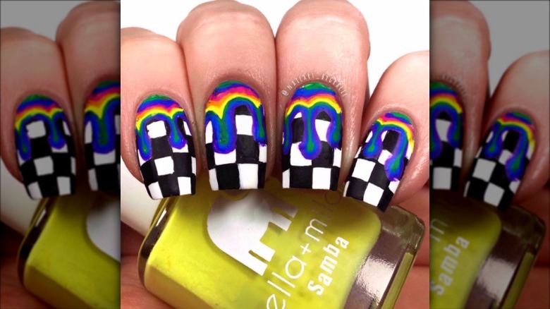 checkerboard nails with rainbow drip