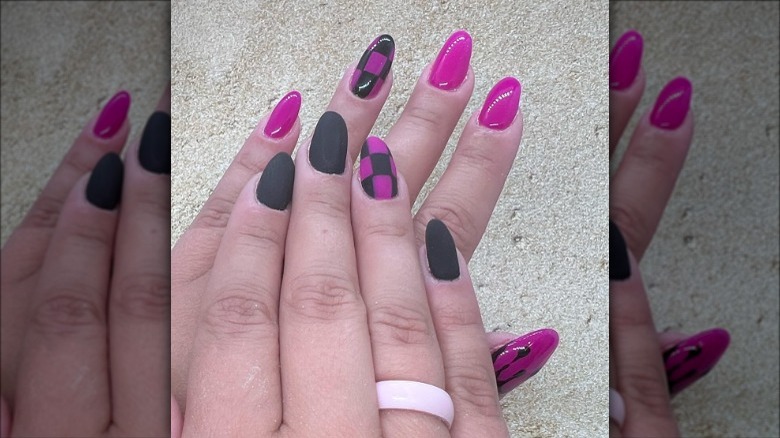 black and pink matte checkered nails