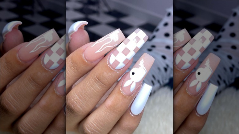 woman with white checkered nails