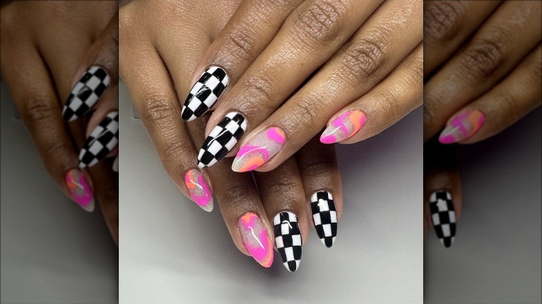 woman with checkered nails