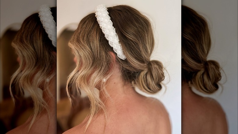 Chignon hair with white pearl headband