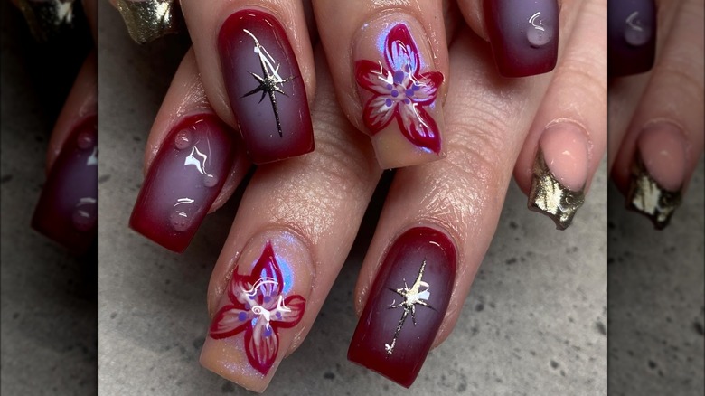 Burgundy and blue nails 3D flowers