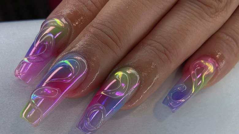 swirly rainbow 3D nails