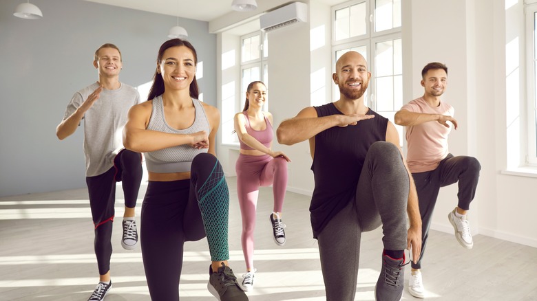 A group of people doing a workout