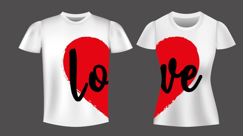 two Valentine's Day T-shirts making up the word "love"