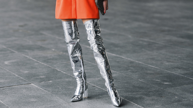 Silver thigh-high boots