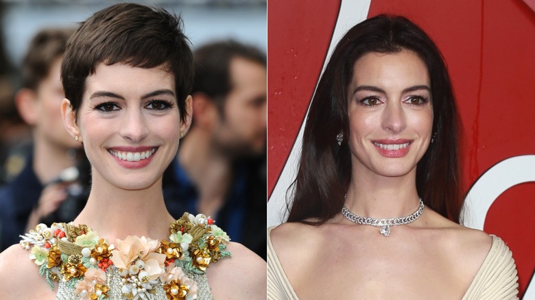 Anne Hathaway short hair floral dress 