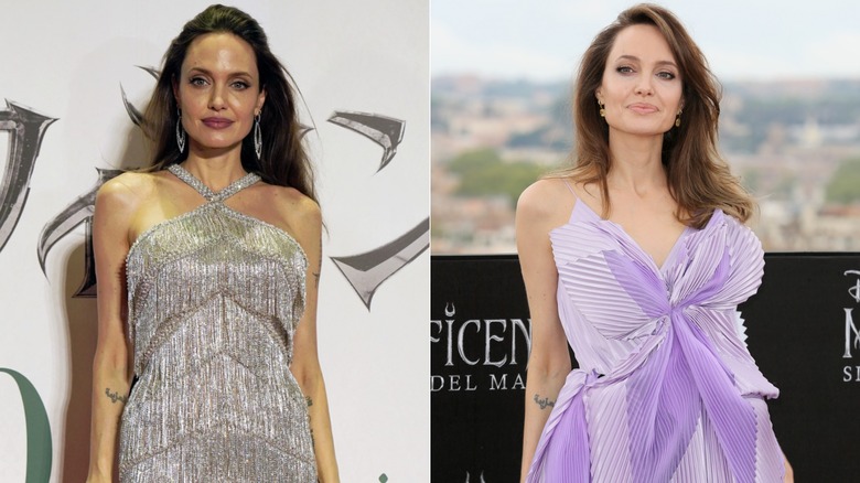 Angelina Jolie wearing silver tasseled dress and purple butterfly top