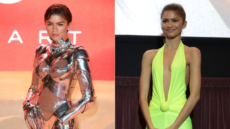 Zendaya posing in a silver outfit and lime green dress