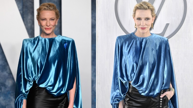 Cate Blanchett in blue draped top