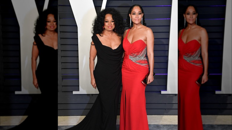Diana Ross and Tracee Ellis Ross posing gowns