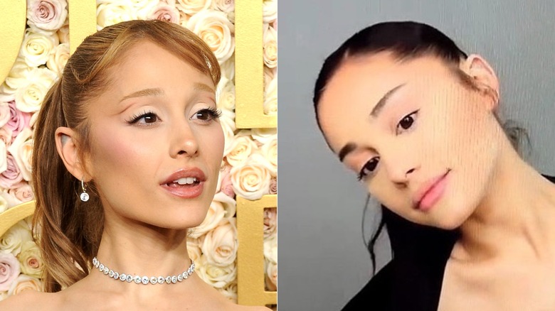 Side-by-side of Ariana Grande wearing fluttery fake lashes and a light, falsie-free makeup look.