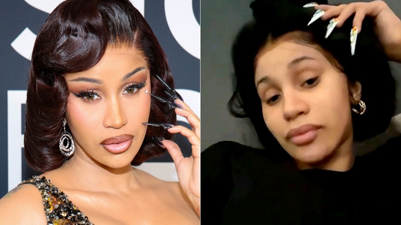 Side-by-side of Cardi B wearing full glam makeup and falsies beside a makeup-free selfie.