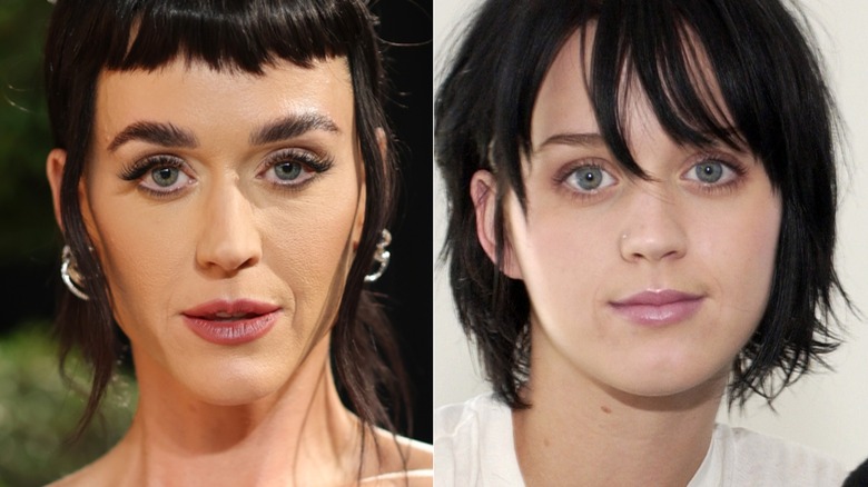 Side-by-side of Katy Perry wearing dramatic false lashes and makeup-free.