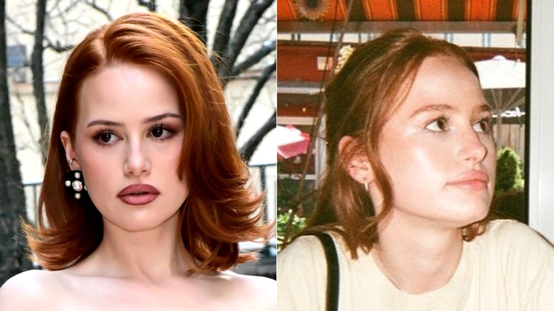 Side-by-side of Madelaine Petsch in sultry makeup and clean-faced.