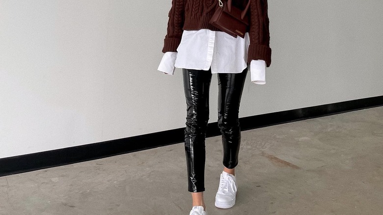 woman wearing leather latex pants