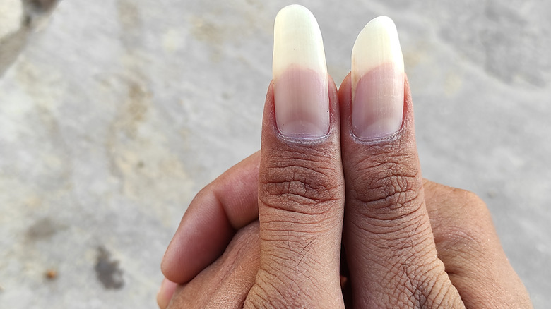 Two long, natural thumb nails sans polish